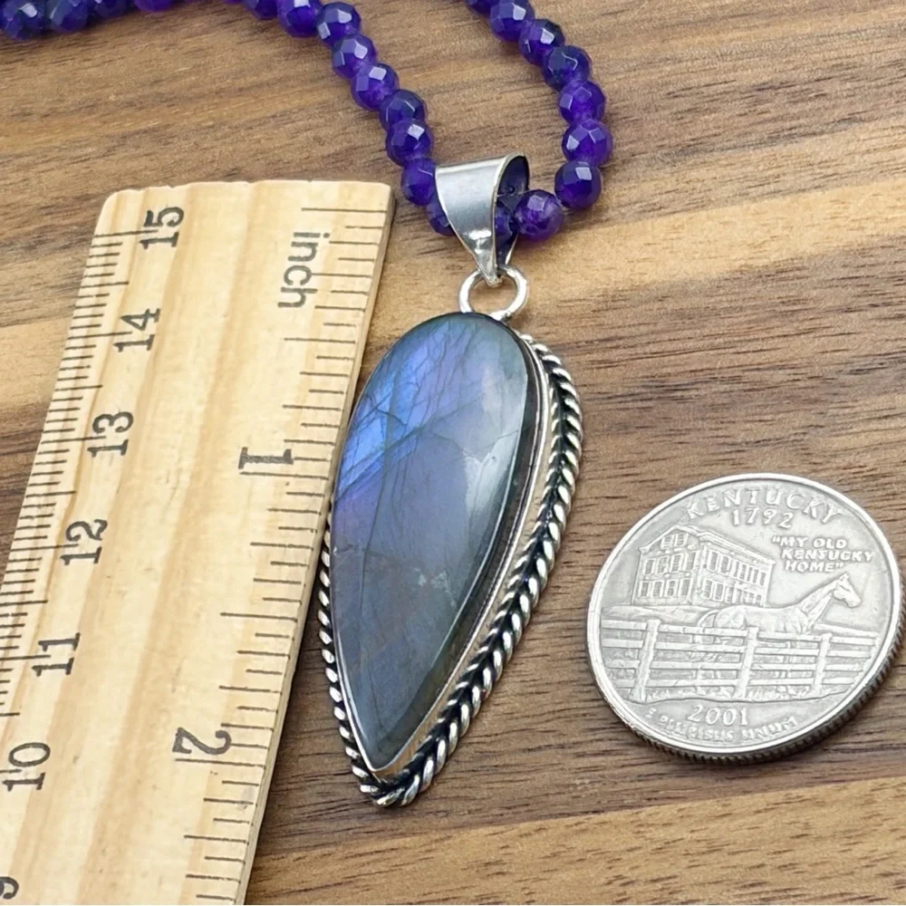 Purple Labradorite Pendant Necklace Boho Southwest Sterling Silver 925 Overlay - Picture 7 of 8